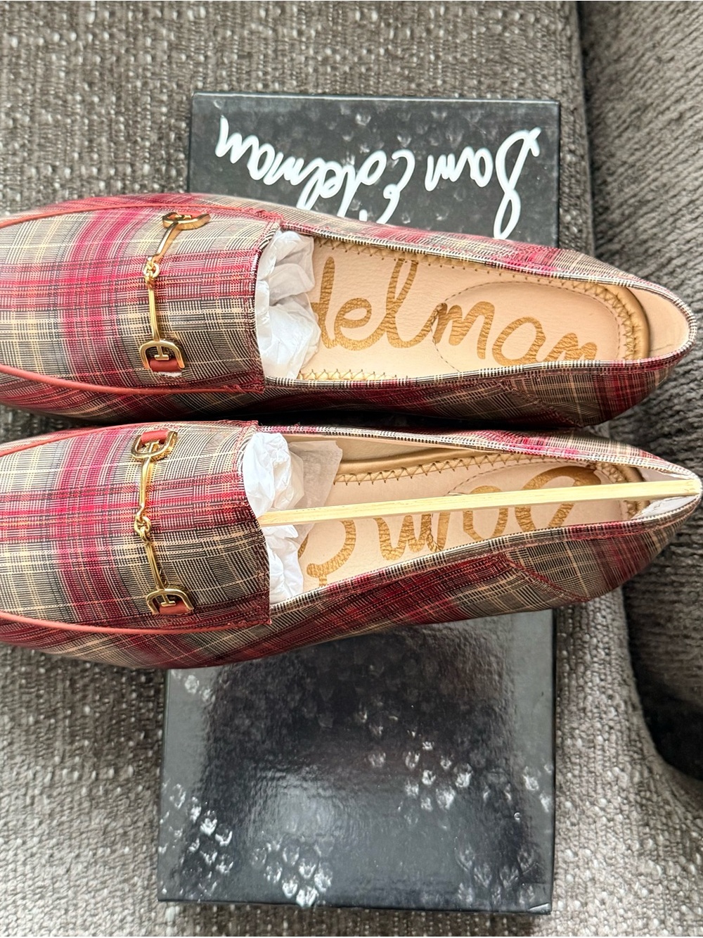 Sam Edelman Red Plaid Loafers with Gold Bit - Picture 2 of 4